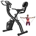 Folding Exercise Bikes DISPANK 3-in-1 X-Bike Indoor Portable Exercise Bikes, Sturdy Foldable Stationary Bike with Automatic Springback Arm Resistance Band and Backrest, 10-Level Resistance for Men, Women and Seniors