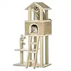 PawHut Árbol Rascador para Gatos Grande Altura 131 cm con Cueva de Algas Postes de Sisal Natural Plataformas Bola Colgante y Molino de Viento de Juguete 69x40x131 cm Beige