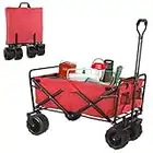 TLSUNNY Collapsible Beach Wagon, Big 8'' All-Terrain Wheels for Sand, Push & Pull Portable Wagon Cart for Shopping, Picnic, Camping, Outdoor Cart with Carry Bag, 2 Cup Holders (Red)