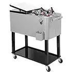 80 Quart Qt Rolling Cooler Ice Chest for Outdoor Patio Deck Party, Grey, Portable Party Bar Cold Drink Beverage Cart Tub, Backyard Cooler Trolley on Wheels with Shelf, Stand, & bottle opener