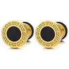 8MM Motif clé Grecque Or Cercle Boucles d'oreilles Homme - avec Émail Noir - Clous d'oreille - Acier - 2 Pièces