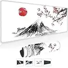 Gaming Mauspad Weiß XXL 800 x 300 mm Japan Tuschemalerei Berg Sakura Sonne Berg Fuji Mousepad Groß Vernähte Kanten Wasserdicht Anti-Rutsch für PC, MacBook,Laptop