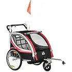 HOMCOM Child Bike Trailer 2 In 1 Baby Stroller 2 Seater Transport Carrier with Hitch Coupler, Brake, 5 Point Harness, Storage Bag, Reflector, Flag, Red