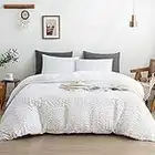 WARMDERN Duvet Cover Set Queen Size, 3pcs Washed Microfiber White Bedding Set, Soft Breathable Striped Textured Seersucker Duvet Cover with Zipper Closure & Corner Ties(White, Queen)