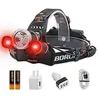 BORUIT LED Headlamp Rechargeable - Ultra Bright 5000 Lumens 3 Lighting Modes White Red Light Head Lamp IPX4 Waterproof USB Headlight for Adults Outdoor Fishing Camping Hunting