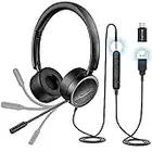 New bee USB Headset Computer Headset in-Line Call Controls Office Headset with Noise Cancelling Micphone Call Center Headset for Skype, Zoom, Laptop, Phone, PC, Tablet, Home with USB-C Adapter