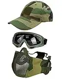 Hodeacc Lot de 3 Masques Tactiques pour Airsoft, Masque de Baseball, Demi-Visage réglable en Maille avec Protection des Oreilles, Lunettes Anti-UV, Protection des Yeux