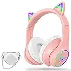 LOBKIN Cuffie Bluetooth per bambini con borsa - LED RGB illuminate con orecchie di gatto Supporto per cuffie auricolari regolabili pieghevoli Modalità wireless o cablata da per bambini e bambine