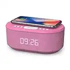 i-box Bedside Radio Alarm Clock with USB Charger, Bluetooth Speaker, QI Wireless Charging, Dual Alarm & Dimmable LED Display (Pink)