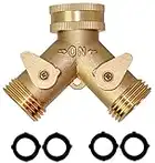 2 Way Heavy Duty Brass Garden Hose Connector Tap Splitter for Lawn and Garden - Outlet Splitter, Hose Splitter, Hose Spigot Adapter with 2 Valves, Plus 4 Extra Rubber Washers