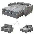 Gynsseh Pull Out Sofa Sleeper, 3 in 1 Convertible Sleeper Sofa Bed with 2 USB Ports and 2 Pillows, Linen Upholstered Adjustable Loveseat Couch with Pull Out Bed for Living Room (S1-Blue Gray)