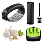 Garlic Press Rocker Stainless Steel Garlic Crusher Kitchen Ginger Garlic Mincer with Silicone Peeler and Cleaning Brush