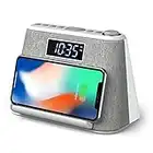 i-box Alarm Clock Bedside FM Radio Non Ticking with USB Charger & Wireless QI Charging, Bluetooth Speaker, RGB LED Night Light, Dimmable Display and White Noise Machine (White)