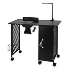 Mefeir Manicure Table Iron Frame, Nail Beauty Spa Salon Desk Workstation with Electric Downdraft Vent, Wrist Rest, Cabinet, Side Basket, Casters and LED Lamp, Black (35.4''L x 16.9''W x 29.5''H)