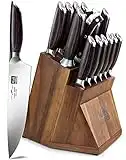 SHAN ZU Ensemble de Couteaux de Cuisine avec Bloc de Couteaux 2 en 1, Set de 16 couteaux de Chef et Couteaux à Steak en Acier Allemand, Ensemble de Couteaux avec Affûteur Fusil à Aiguiser