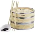 VonShef Bamboo Steamer with Stainless Steel Banding – 20cm / 8” Two Tier - Includes 2 Pairs of Chopsticks & 50 Wax Papers