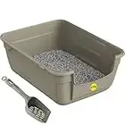 Grey Large Cat Kitten Litter Tray Box + Waste Scoop Set High Sided Deep Toilet Loo Adult Cats Kitten Pan Pet Loo Easy Cleaning Lowered Entry Step 11.5cm Easy Access Elderly Cat Trays CatCentre®