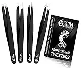 OCBA 4 Pcs Black Tweezers for Facial Hair Women & Men for Precise Grooming of Eyebrows - Professional Stainless Steel Black Color Coated Eyebrow Tweezers for Ingrown Hair on Nose Ear (Black)