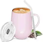 Amazon Brand - Umi Coffee Cup with Handle,360ml Stainless Steel Coffee Mug for Hot Cold Drinks,Double Wall Vacuum Insulated Travel Mug with Straw and 2 Lids,BPA-Free for Tea,Juice,Beer,Wine,Pink