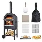 Vonzoy Wood Fired Outdoor Pizza Oven with Waterproof Cover, Pizza Stone and Peel, Wood Burning Pizza Oven with 2 Wheels for Outside