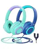 iClever [2 Pack Kids headphones for girls boys 94dB Safe Volume Limited - Wired Headphones with Sharing Splitter, Tangle-Free Foldable Stereo Headphones for School/Tablet/Travel