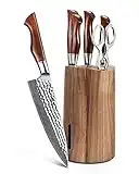 HEZHEN Juego de Cuchillos en Acero en Polvo con Bloque en Madera,Set Cuchillos 7 Piezas, Cuchillo de Cocina Súper Afilado-Acabado Martillado-Mango de Madera Maciza Dalbergia Master Serie