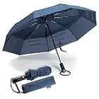 Ergonauts Parapluie de voyage coupe-vent à double toile - Revêtement en téflon, poignée ergonomique et housse de protection - Design compact, pliable, léger et haute résistance au vent (bleu marine)