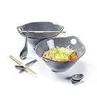 Henten Home Tazón de Ramen Japonés, Tazones de Sopa con Asas - 900ML, Juego de Vajilla de Tazones con Palillos y Cuchara, Juego de Tazones para Microondas para Fideos Asiáticos - 2 Tazones Grises