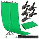 T-Shape Backdrop Support Stand with Green Screen Kit, 200cm*200cm Adjustable Background Stand, 150cm*200cm Photography Green Muslin Background Screen and 5 Clip Clamps, for Photo Video Studio