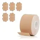 HOTSO Cinta Adhesiva Pecho Pegatinas Sujetador Invisible Boob Tape Push up Cinta de Levantamiento de Senos y 5 Pares de Pezoneras Adhesivas,5m x 5cm Cinta de Pechos para Levantar (Desnudo)