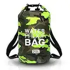 JSRHEEM Borsa Impermeabile, Dry Bag 10L 20L 30L con Tracolla Regolabile, Sacca Stagna per Kayak, Rafting, Nuoto, Canottaggio, Canoa, Spiaggia, Sport Acquatici (verde mimetico, 20 litri)