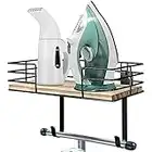 THYGIFTREE Ironing Board Hanger Wall Mount, Ironing Board Holder with Shelf, Ironing Board Wall Mount with Storage Wooden Basket & Removable Hook, for Laundry Room Living Room Bathroom