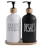 Beautiful Kitchen Hand and Dish Soap Dispenser Set with Wooden Base | Dispenses Dishsoap and Hand Wash Liquid | Black Fortified Glass Bottles with Pump | Refillable | Stylish Black White