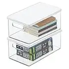 mDesign Juego de 2 cajas de almacenamiento para bolígrafos, notas y más – Organizador de escritorio con tapa de plástico resistente – Caja rectangular para material de oficina – transparente/blanco