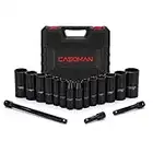 CASOMAN 17PCS 1/2" Drive Impact Socket Set, Deep, Cr-V Steel, SAE, 3/8-inch-1-1/4-inch, Includes Extension Bars:3-inch, 5-inch, 10-inch