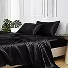 MR&HM Satin Bed Sheets, Queen Size Sheets Set, 4 Pcs Silky Bedding Set with 15 Inches Deep Pocket for Mattress (Queen, Black)