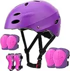 SAMIT Knieschoner Kinder 7 in 1 Set mit Skaterhelm, Inliner Schützer für Kinder Verstellbare Kinder Schutzausrüstung Set (5-12 Jahre) für Skateboard Rollschuhe Scooter Sport Rosa+Lila