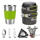 Odoland Camping Cookware Stove Carabiner Canister Stand Tripod and Stainless Steel Cup, Tank Bracket, Fork Knife Spoon Kit for Backpacking, Outdoor Camping Hiking and Picnic