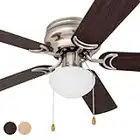Prominence Home Alvina, 42 Inch Traditional Flush Mount Indoor LED Ceiling Fan with Light, Pull Chain, Dual Finish Blades, Reversible Motor - 80029-01 (Satin Nickel)