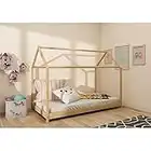 Panana Wooden Kids House Bed Frame, Solid Pine WoodTreehouse Style Childrens Floor Bed Frame for Toddlers and Children (Wood)