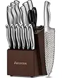 Astercook Knife Set, Damascus Kitchen Knife Set with Block, Built-in Knife Sharpener, German Stainless Steel Knife Block Set, Dishwasher Safe