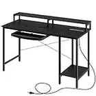 Rolanstar Computer Desk with Power Outlet and Keyboard Tray Monitor Stand 55", Home Office Writing Desk, Rustic Style Workstation Table with Storage Shelves,Stable Metal Frame, Black