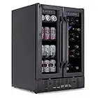 NewAir 24” Wine and Beverage Refrigerator and Cooler, 18 Bottle and 60 Can Capacity, Built-in Dual Zone Fridge in Black Stainless Steel with French Doors