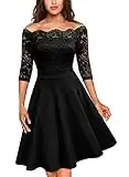 MISSMAY Damen Vintage Abendkleid 1950er 3/4 Arm Off Schulter Cocktailkleid Spitzen Schwingen Pinup Rockabilly Kleid Schwarz Gr.S