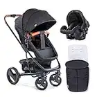 Hauck Pushchair Travel System Pacific Shop N Drive, Max Load 25 kg, Pram Convertible to Reversible Seat, Infant Car Seat, Footmuff. Height Adjustable, Lightweight, Large Wheels (Black)