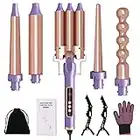 Hair Curling Iron, 5 in 1 Curling Wands Set with Interchangeable Barrel 0.35''-1.3'', 30s Heat Up, LCD Display /180-450°F Temp Adjustment, Glove & 2 Hair Clips, (Champagne Gold with Purple)