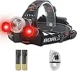 BORUiT RJ-3000 LED Head Torch with Red Light,Super Bright 5000 Lumens USB Rechargeable White Red Light Headlamp Headlight,3 Mode Head Lamp Work Light for Kids and Adults Running Camping Hiking