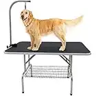 Kalolary Table de toilettage pour chien de 114,3 cm avec bras réglable en hauteur, boucle et plateau en maille, table de toilettage pliable et robuste pour grand chien (noir)