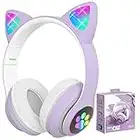 Kids Headphones with LED Light Up, Cat Ears Bluetooth Headphone for Kids, Over-Ear Adjustable Stereo Headphones with Microphone for Kids Girls Toddler (Purple)