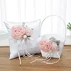 JFBUCF Juego de almohada para anillos de boda y cesta para niña de flores, cesta de flores de satén blanco con flores rosas y lazo de perlas, almohada de anillo marfil para bodas, 22 x 14 x 10 cm